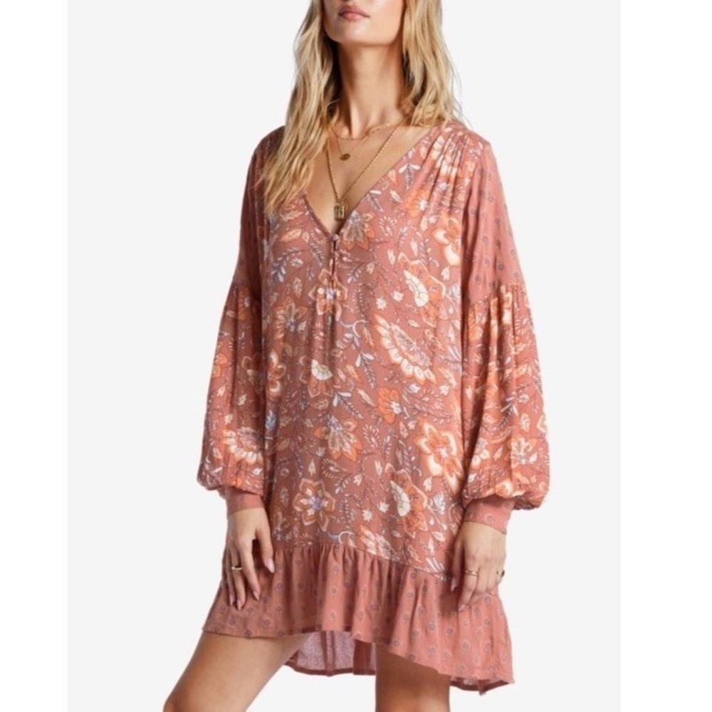 NEW Billabong Free As Can Be Long Sleeve Paisley Mini Dress women's Size S Clay